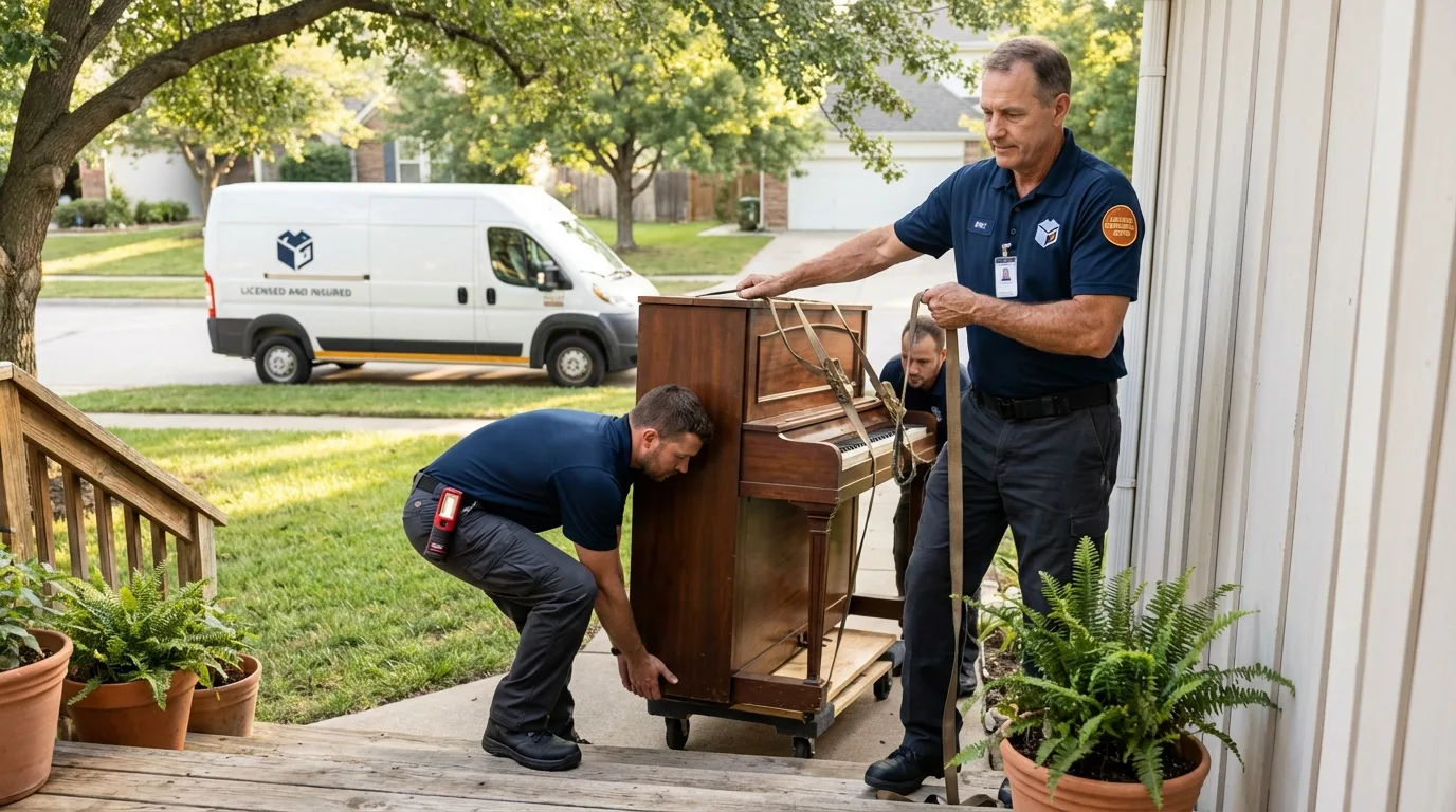 Licensed piano movers securing grand piano in Athens, PA