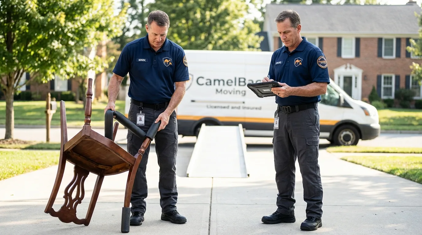Movers inspecting furniture for damage prevention before loading in Athens, PA