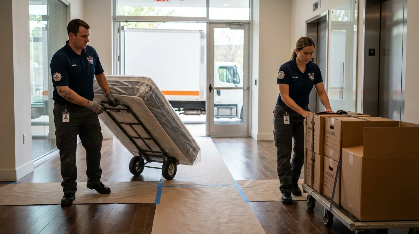 Professional apartment movers loading elevator in Athens, PA